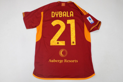 with Back Sponor Logo+Serie A Patch Fan Version 2023-2024 AS Roma DYBALA 21 Home Soccer Jersey