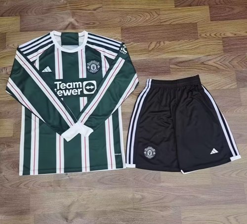 Adult Uniform Long Sleeve 2023-2024 Manchester United Away Green Football Shirt Man United Soccer Jersey Shorts