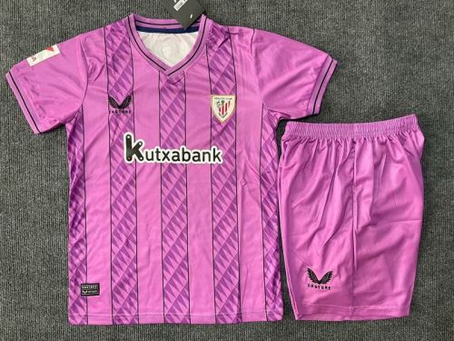 with LALIGA Patch Youth Uniform Kids Kit 2023-2024 Athletic Bilbao Pink Goalkeeper Soccer Jersey Shorts Child Football Set