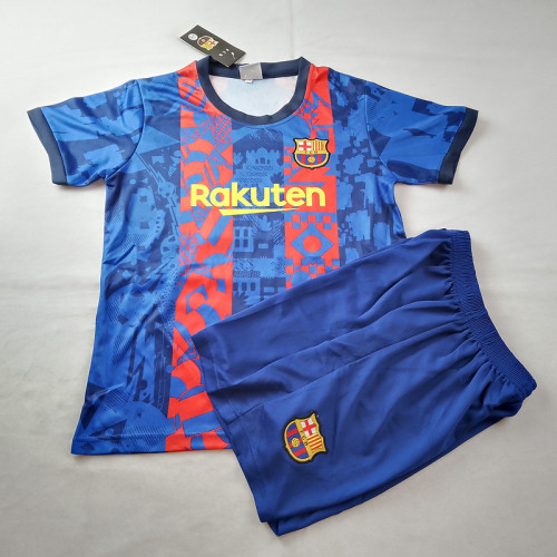 Retro Set Youth Uniform 2021-2022 Barcelona Home Soccer Jersey Shorts Barca Football Kits
