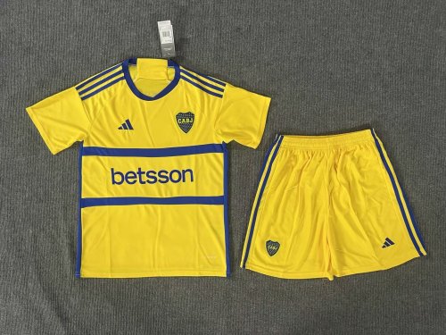 Adult Uniform with Sponor Logo Fan Version 2023-2024 Boca Juniors Away Yellow Soccer Jersey Shorts