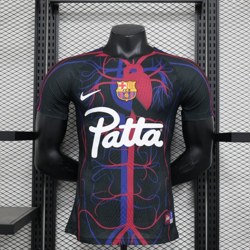 with Patta Player Version Barca Camisetas de Futbol 2023-2024 Barcelona Special Edition Black/Purple/Red Soccer Jersey