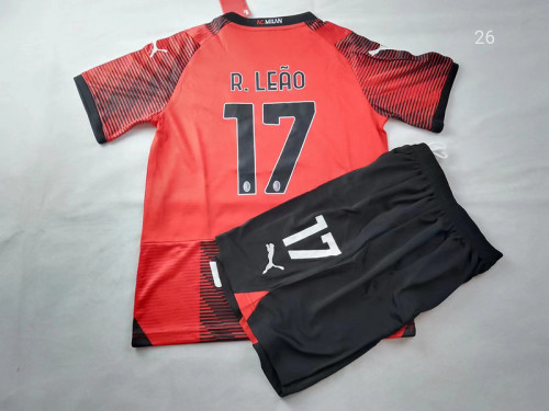 Youth Uniform AC Kids Kit 2023-2024 AC Milan R.LEAO 17 Home Soccer Jersey Shorts