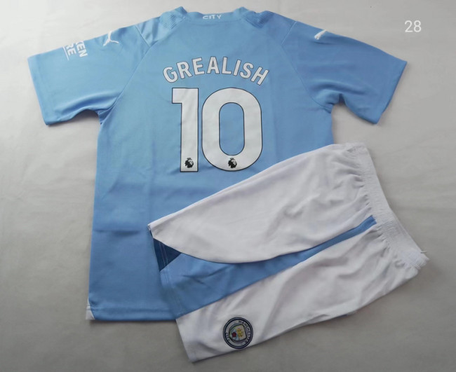 Youth Uniform Kids Kit 2023-2024 Manchester City GREALISH 10 Home Soccer Jersey Shorts