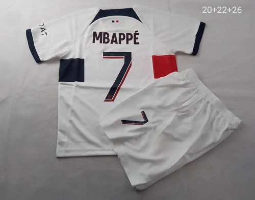 Youth Uniform Kids Kit 2023-2024 PSG MBAPPE 7 Away White Soccer Jersey Shorts