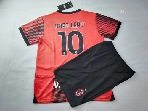 Youth Uniform AC Kids Kit 2023-2024 AC Milan RAFA LEAO 10 Home Soccer Jersey Shorts