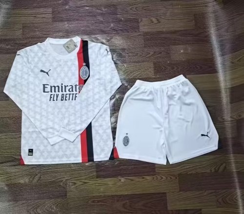Adult Uniform Long Sleeve 2023-2024 AC Milan Away White Soccer Jersey Shorts