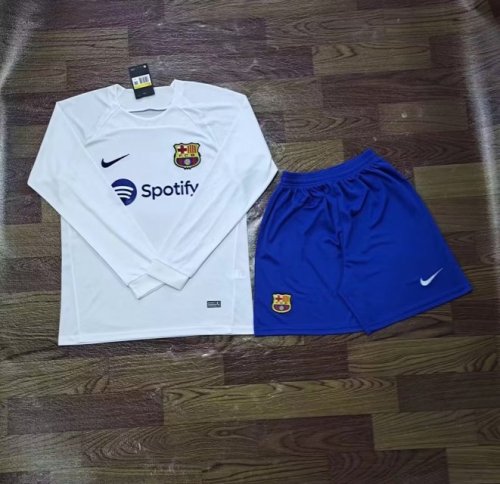 Adult Uniform Long Sleeve 2023-2024  Barcelona Away White Soccer Jersey Shorts Barca Futbol Kit