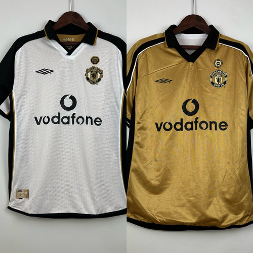 Retro Jersey 2001-2002 Manchester United Reversible Soccer Jersey White/Gold Vintage Football Shirt