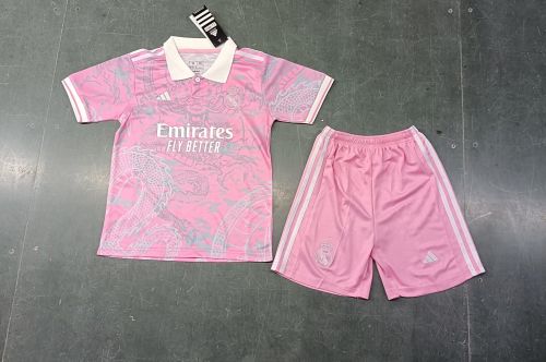 Youth Uniform Real Camisetas de Futbol Kids Kit 2023-2024 Real Madrid Pink Dragon Soccer Jersey Shorts Child Set
