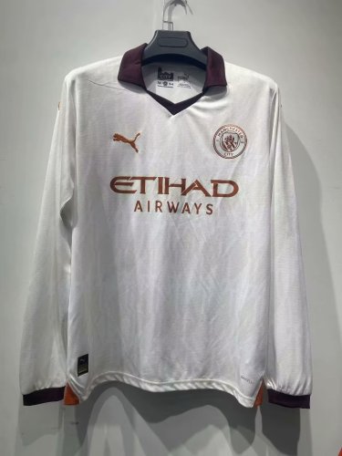 Long Sleeve 2023-2024 Manchester City Away White Soccer Jersey Man City Football Shirt