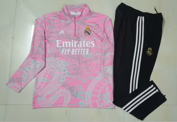 2023-2024 Real Madrid Pink Dragon Soccer Training Sweater and Pants