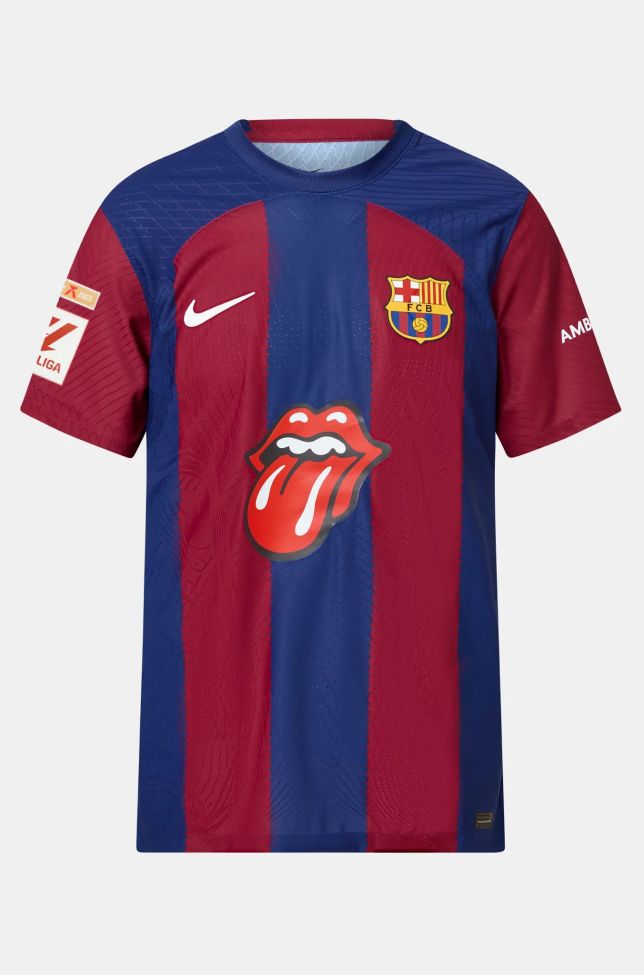 with Champions+LALIGA Patch+Sleeve Patch Fans Version 2023-2024 Barcelona to Feature Rolling Stones Sponsor in El Clásico Soccer Jersey