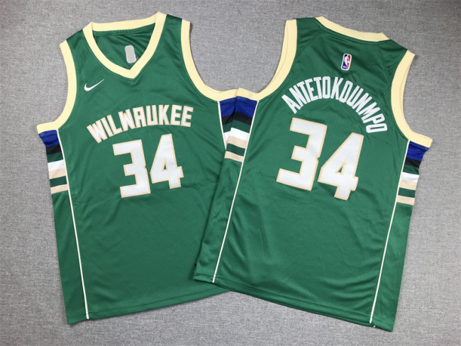 Youth Milwaukee Bucks 34 ANTETOKOUNMPO Green NBA Jersey Basketball Shirt