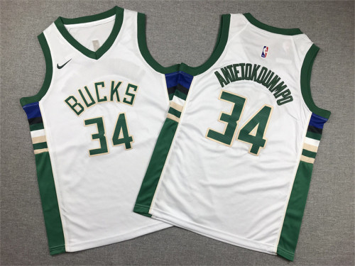 Youth Milwaukee Bucks 34 ANTETOKOUNMPO White NBA Jersey Basketball Shirt