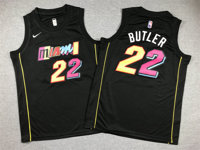 2022 City Edition Youth Miami Heat 22 BUTLER Black NBA Jersey Kids Basketball Shirt