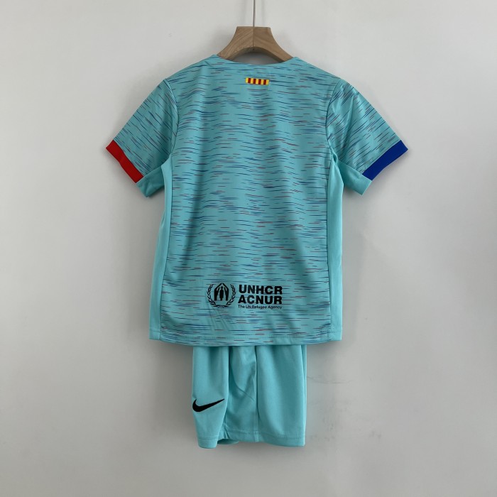 with Sponor Logo Youth Uniform Kids Kit 2023-2024 Barcelona Third Away Blue Soccer Jersey Shorts