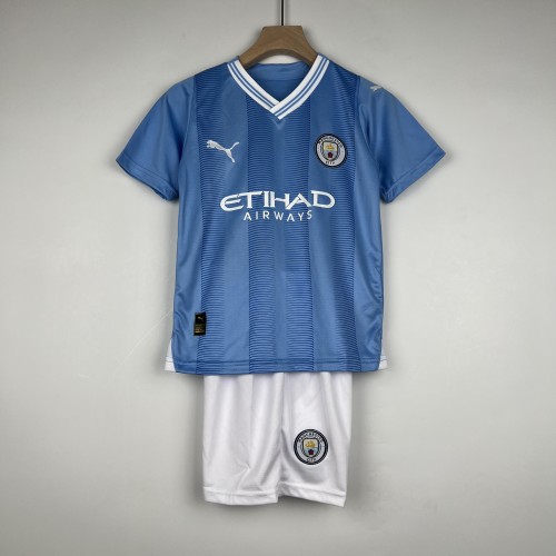 Youth Uniform Kids Kit 2023-2024 Manchester City Home Soccer Jersey Shorts