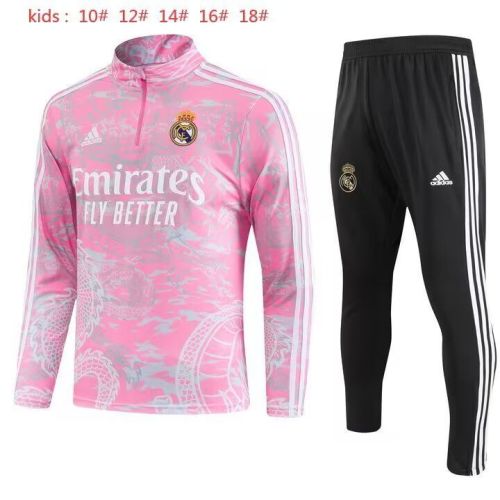 Youth Kids 2023-2024 Real Madrid Pink Dragon Soccer Training Sweater and Pants