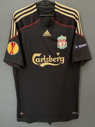 with Europa League Patch Retro Jersey 2009-2010 Liverpool Away Black Soccer Jersey Vintage Football Shirt