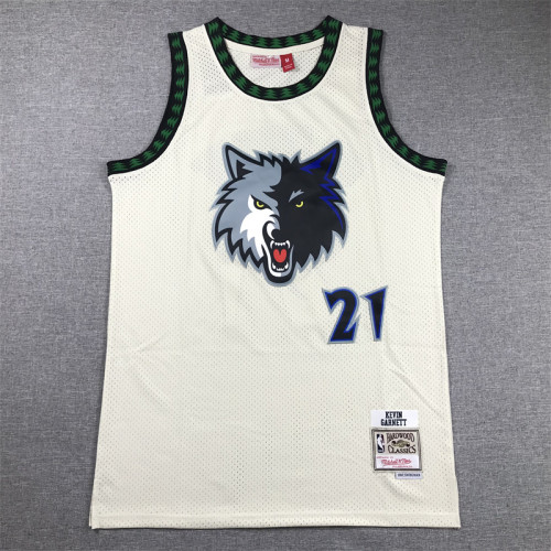 Mitchell&Ness Minnesota Timberwolves 21 KEVIN GARNETT NBA Jersey Cream White Basketball Shirt