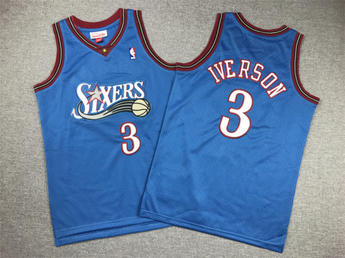 Youth Mitchell&ness 1999-00 Philadelphia 76ers Basketball Shirt 3 IVERSON Blue Kids NBA Jersey