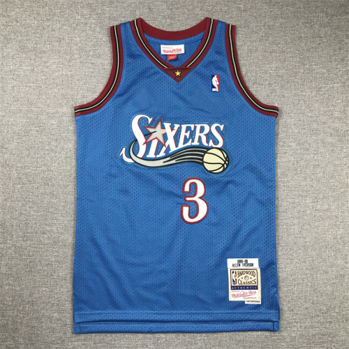 Youth Mitchell&ness 1999-00 Philadelphia 76ers Basketball Shirt 3 IVERSON Blue Kids NBA Jersey