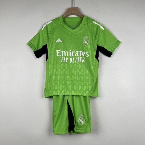 Youth Uniform Real Camisetas de Futbol Kids Kit 2023-2024 Real Madrid Green Goalkeeper Soccer Jersey Shorts Child Set