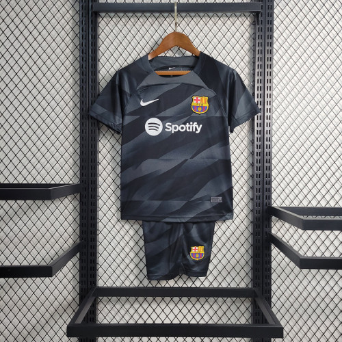 Youth Uniform Kids Kit 2023-2024 Barcelona Grey/Black Goalkeeper Soccer Jersey Shorts