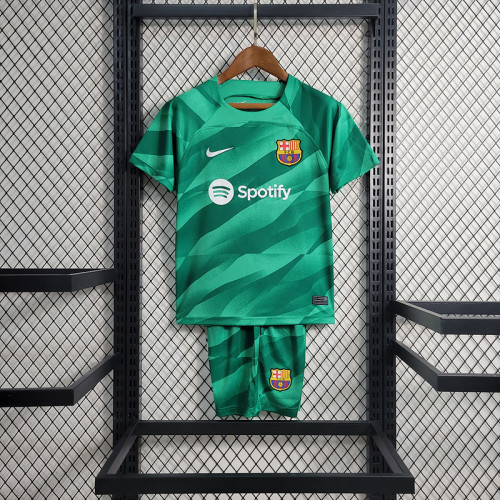 Youth Uniform Kids Kit 2023-2024 Barcelona Green Goalkeeper Soccer Jersey Shorts