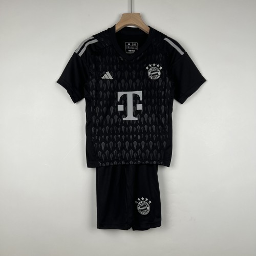 Youth Uniform Kids Kit 2023-2024 Bayern Munich Black Goalkeeper Soccer Jersey Shorts