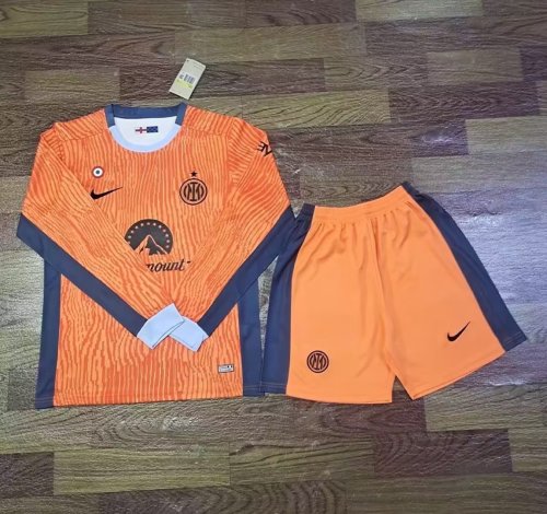 with Coppa Italia Patch Adult Uniform Long Sleeve 2023-2024 Inter Milan Away Orange Soccer Jersey Shorts