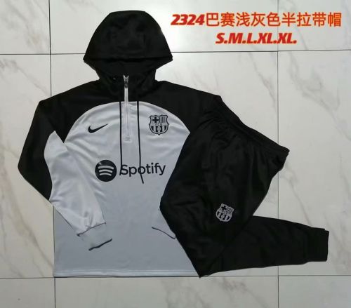 2023-2024 Barcelona Light Grey/Black Soccer Training Hoodie and Pants Football Kit