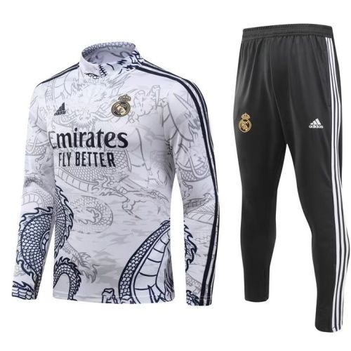 2023-2024 Real Madrid White Dragon Soccer Training Sweater and Pants Football Kit