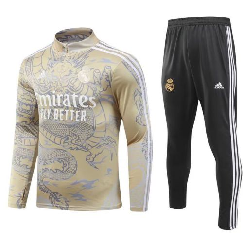 2023-2024 Real Madrid Gold Dragon Soccer Training Sweater and Pants Football Kit