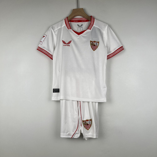 Youth Uniform Kids Kit 2023-2024 Sevilla Home Soccer Jersey Shorts Child Football Set
