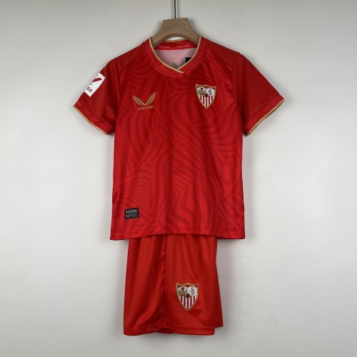 Youth Uniform Kids Kit 2023-2024 Sevilla Away Red Soccer Jersey Shorts Child Football Set