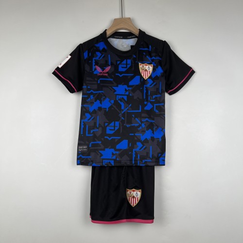 Youth Uniform Kids Kit 2023-2024 Sevilla Third Away Black/Blue Soccer Jersey Shorts Child Football Set