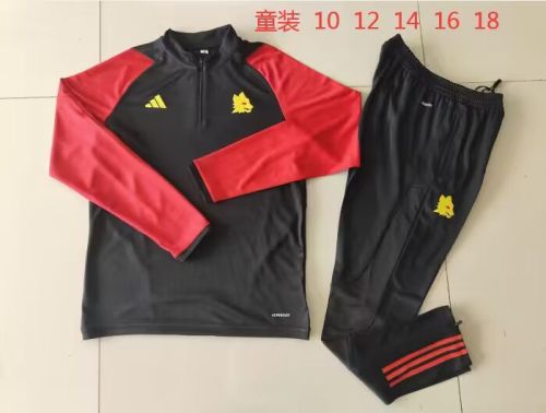 Youth Kids 2023-2024 As Roma Black/Red Soccer Training Sweater and Pants