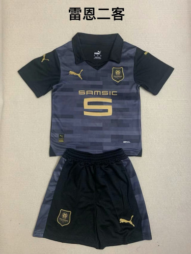 Youth Uniform 2023-2024 Stade Rennais Third Away Black Soccer Jersey Shorts Kids Kit