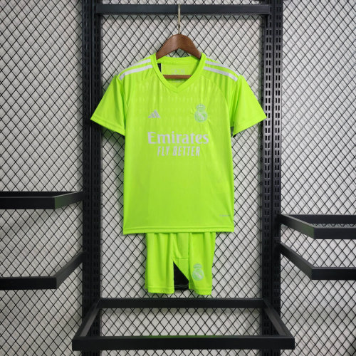 Youth Uniform Real Camisetas de Futbol Kids Kit 2023-2024 Real Madrid Fluorescent Green Goalkeeper Soccer Jersey Shorts Child Set