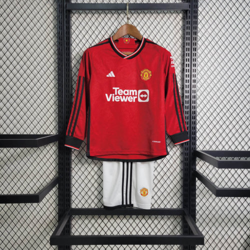 Long Sleeve Youth Uniform Kids Kit 2023-2024 Manchester United Home Soccer Jersey Shorts