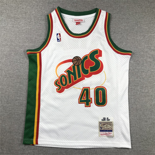Youth Mitchell&ness 1995-96 Oklahoma City Thunder 40 KEMP White NBA Jersey Child Seattle SuperSonics Basketball Shirt