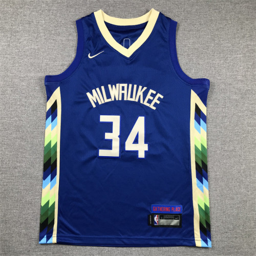 Youth 2023 City Edition Milwaukee Bucks 34 ANTETOKOUNMPO Blue NBA Shirt Child Basketball Jersey