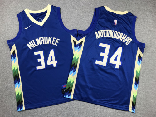 Youth 2023 City Edition Milwaukee Bucks 34 ANTETOKOUNMPO Blue NBA Shirt Child Basketball Jersey