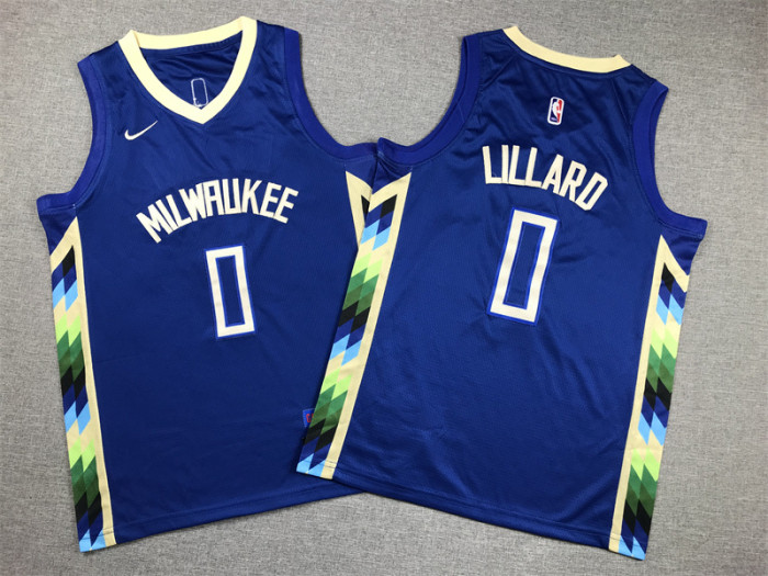 Youth 2023 City Edition Milwaukee Bucks 0 LILLARD Blue NBA Shirt Child Basketball Jersey