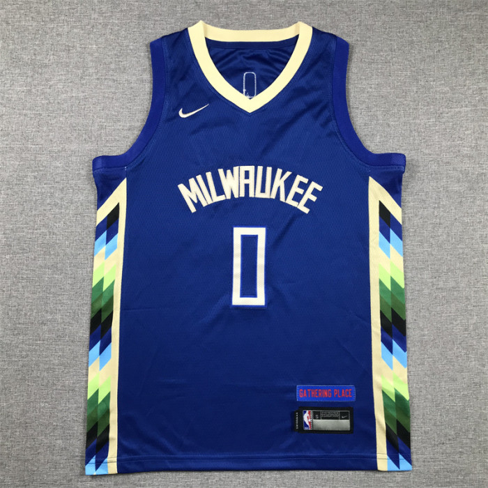 Youth 2023 City Edition Milwaukee Bucks 0 LILLARD Blue NBA Shirt Child Basketball Jersey
