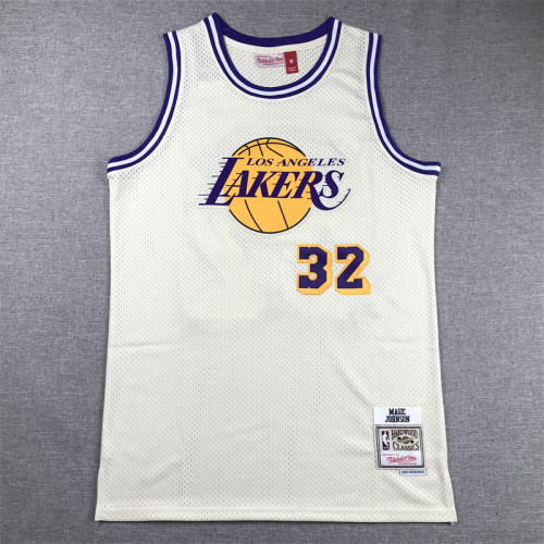Mitchell&ness Los Angeles Lakers 32 JOHNSON Basketball Shirt Cream White NBA Jersey