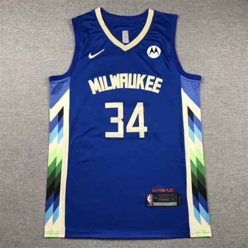 2023 City Edition Milwaukee Bucks 34 ANTETOKOUNMPO Blue NBA Shirt Basketball Jersey