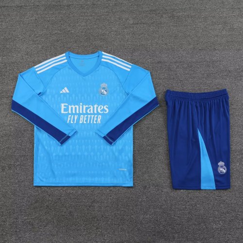 Adult Uniform Long Sleeve 2023-2024 Real Madrid Blue Goalkeeper Soccer Jersey Shorts